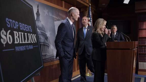 US Senator Marsha Blackburn (R-TN) alongside other GOP members speaks about freezing $6 Billion payment to Iran during a press conference on October 17, 2023