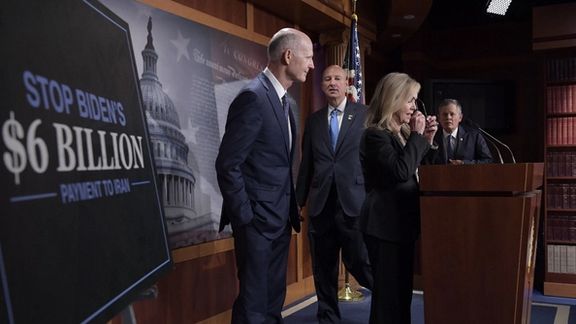 US Senator Marsha Blackburn (R-TN) alongside other GOP members speaks about freezing $6 Billion payment to Iran during a press conference on October 17, 2023