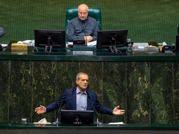Iran's president Masoud Pezeshkian addresses parliament, Tehran, Iran, November 11, 2025