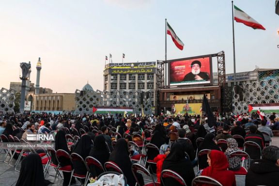 Iranians during a gathering to watch Lebanon's Hezbollah leader Hassan Nasrallah's address in Tehran, November 3, 2023