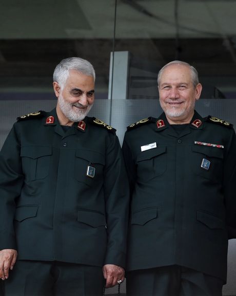 Slain Revolutionary Guards’ Quds Force Commander Qasem Soleimani (left) and Yahya Rahim Safavi, the top military advisor of Iran Supreme Leader, at an IRGC event at Tehran’s Azadi stadium in October 2018