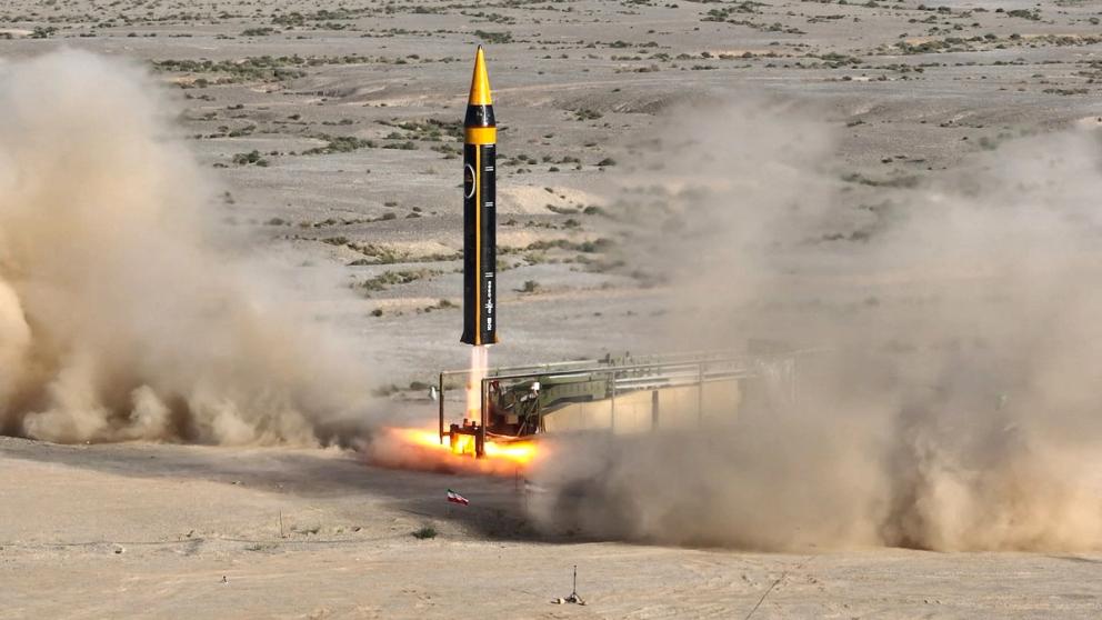 A new surface-to-surface 4th generation Khorramshahr ballistic missile called Khaibar with a range of 2,000 km is launched at an undisclosed location in Iran, in this picture obtained on May 25, 2023.