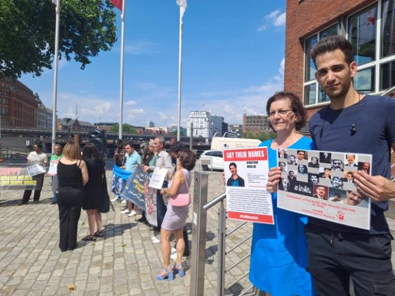 German Iranian community members protesting outside the office of Körber Foundation in Hamburg. June 27, 2024