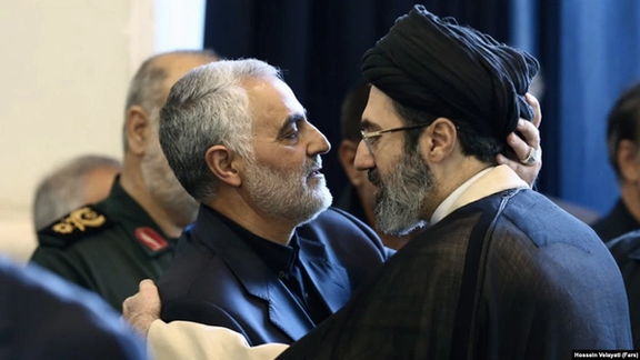 Mojtaba Khamenei seen greeting former Qods Force commander Qasem Soleimani
