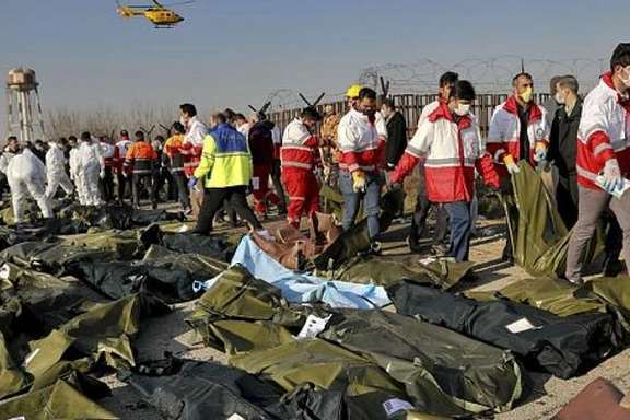 Bodies of victims on the ground at the crash site near Tehran on January 8, 2020