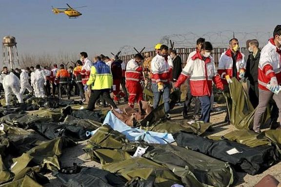 Body bags on the ground after the downing of a Ukrainian airliner by Iran on January 8, 2020