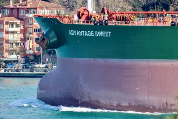 Marshall Islands-flagged oil tanker Advantage Sweet, which, according to Refinitiv ship tracking data, is a Suezmax crude tanker which had been chartered by oil major Chevron and had last docked in Kuwait, sails through Bophorus Istanbul, Turkey, February 11, 2023.