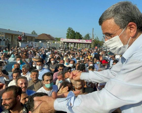 Former president Mahmoud Ahmadinejad meeting provincial supporters in Fras in May 2021
