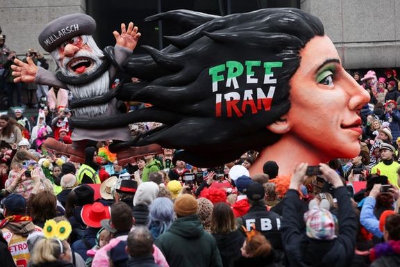 A carnival float depicting "Free Iran" is seen at the 'Rosenmontag' (Rose Monday) carnival parade in Duesseldorf, Germany, February 20, 2023