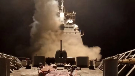 A ship fires missiles at an undisclosed location, after U.S. President Donald Trump launched military strikes against Yemen's Iran-aligned Houthis on Saturday over the group's attacks against Red Sea shipping, in this screengrab obtained from a handout video released on March 15, 2025.