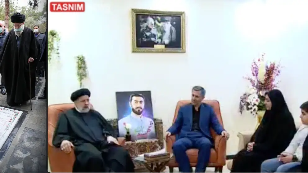 Iran’s Supreme Leader Ali Khamenei at the grave of Basij force member, Arman Aliverdi (left) Late Iranian president Ebrahim Raisi during a visit to Aliverdi’s family