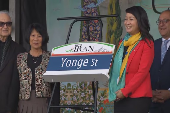 Mayor Olivia Chow (left of the sign), Councilor Lily Cheng (Willowdale) (right if the sign), and MP Ali Ehsassi joined dozens of Persian-Canadians at Centre Park to unveil the new Little Iran sign - Ali Ehsassi Social Media