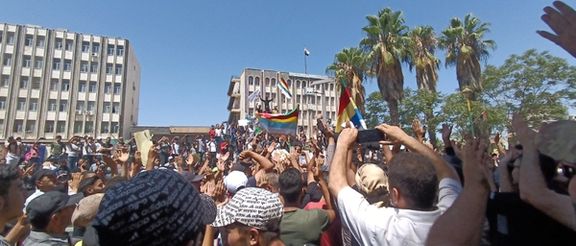 People protest against the latest decisions by Syrian government on increasing the prices of fuels in Sweida, Syria August 24, 2023 in this picture obtained from social media.