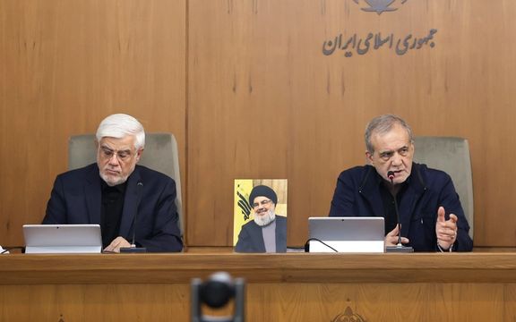 تصویر حسن نصرالله در کنار پزشکیان و عارف در جلسه دولت