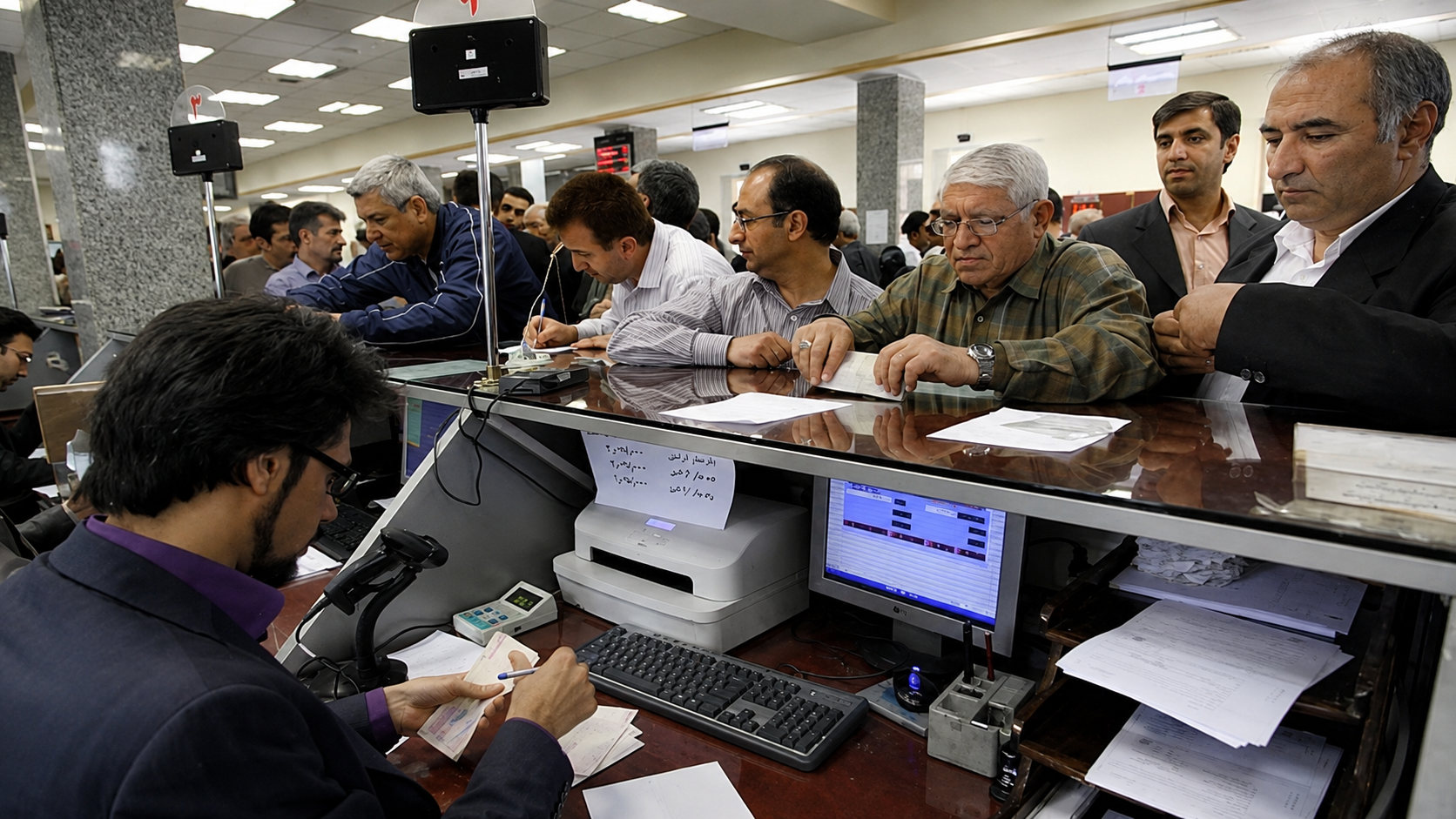 Customers wait at a bank branch in Iran as staff process transactions at service counters.
