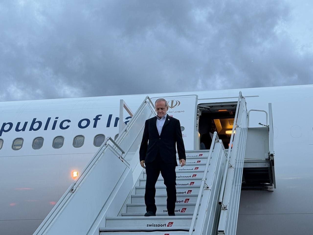Iranian President Masoud Pezeshkian disembarks from his plane after arriving in New York for the United Nations General Assembly on September 22, 2026.