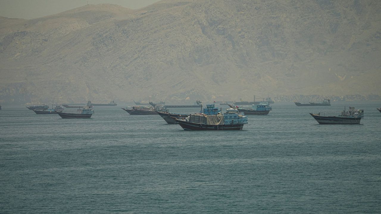 Vessels anchored at the Strait of Hormuz, as seen from Musandam, Oman, on May 25, 2026