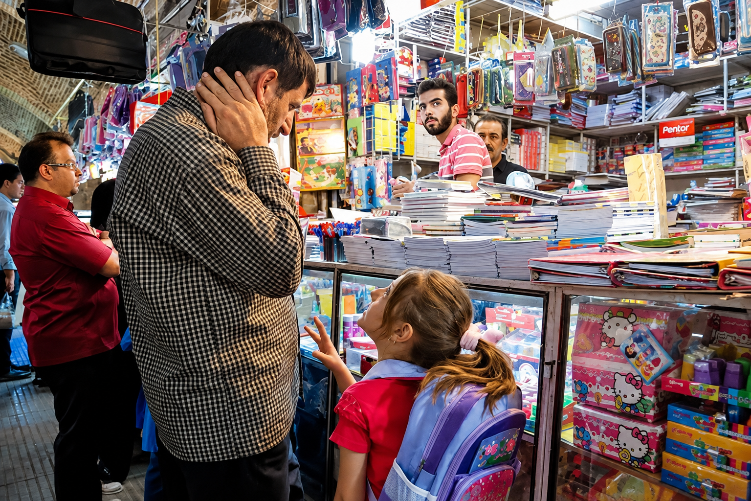 A father and daughter shop for school supplies at a stationery market in Iran.
