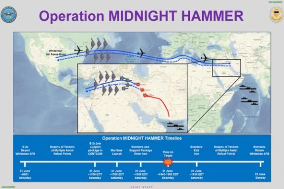 A graphic shows the timeline of "Operation Midnight Hammer", a U.S. strike on Iran's nuclear facilities, released by the U.S. Defense Department in Washington, D.C., U.S. June 22, 2025.