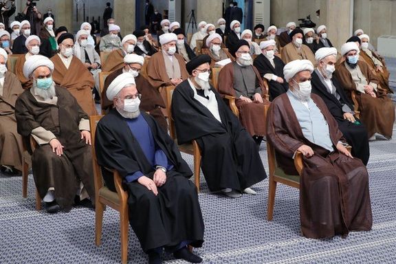 Members of the Assembly of Experts listening to Khamenei. Former president Hassan Rouhani on the first row.