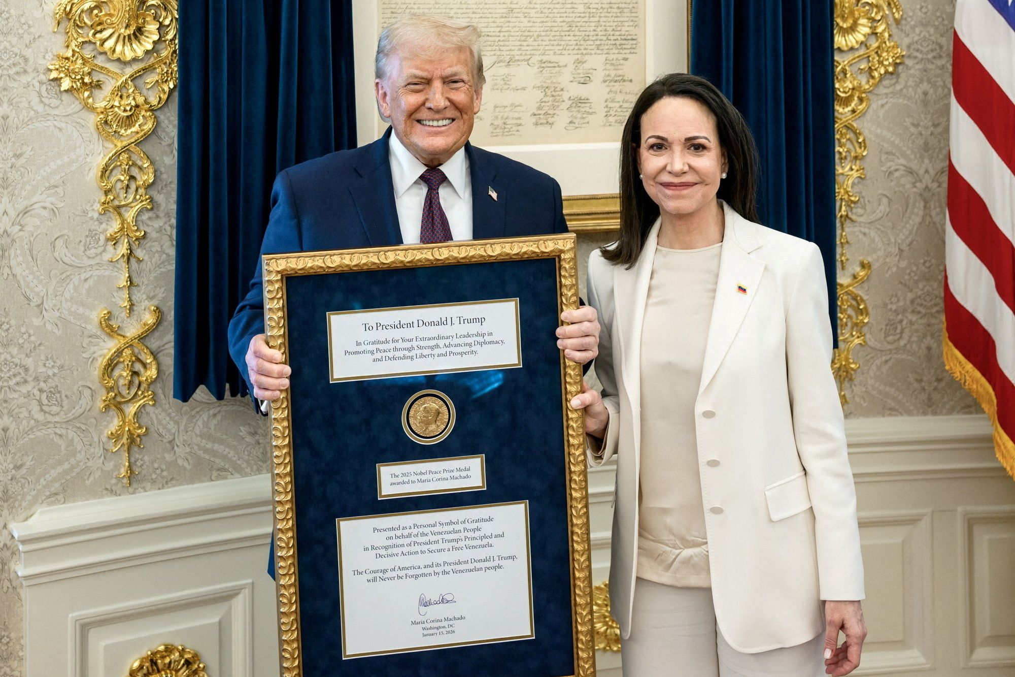 US President Trump meets with Venezuelan opposition leader Maria Corina Machado in the Oval Office, in Washington, DC, US, released January 15, 2026.