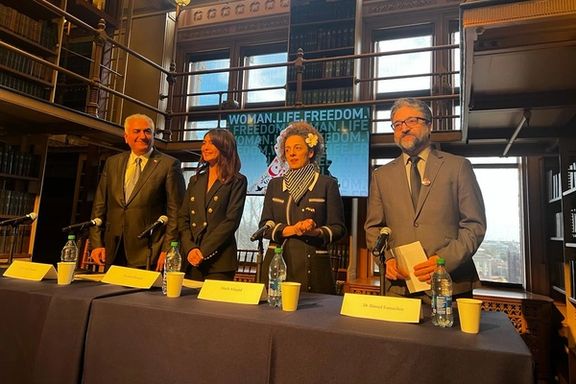 Iranian diaspora protest leaders, from L-R, Prince Reza Pahlavi, Nazanin Boniadi, Masih Alinejad and Hamed Esmaeilion meeting in Washington DC, February 10, 2023