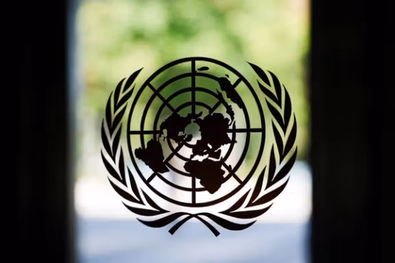 The United Nations emblem is seen through a window in this file photo