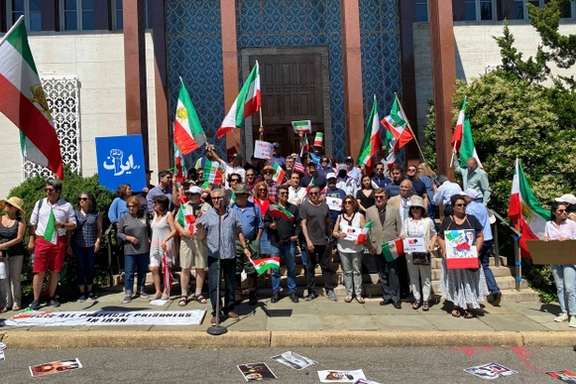 Iranian expats hold a gathering at the former building of the Iranian embassy in Washington DC on June 5, 2022, to express support for popular anti-regime protests in Iran.