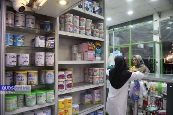 Powdered milk shelves at an Iranian drugstore