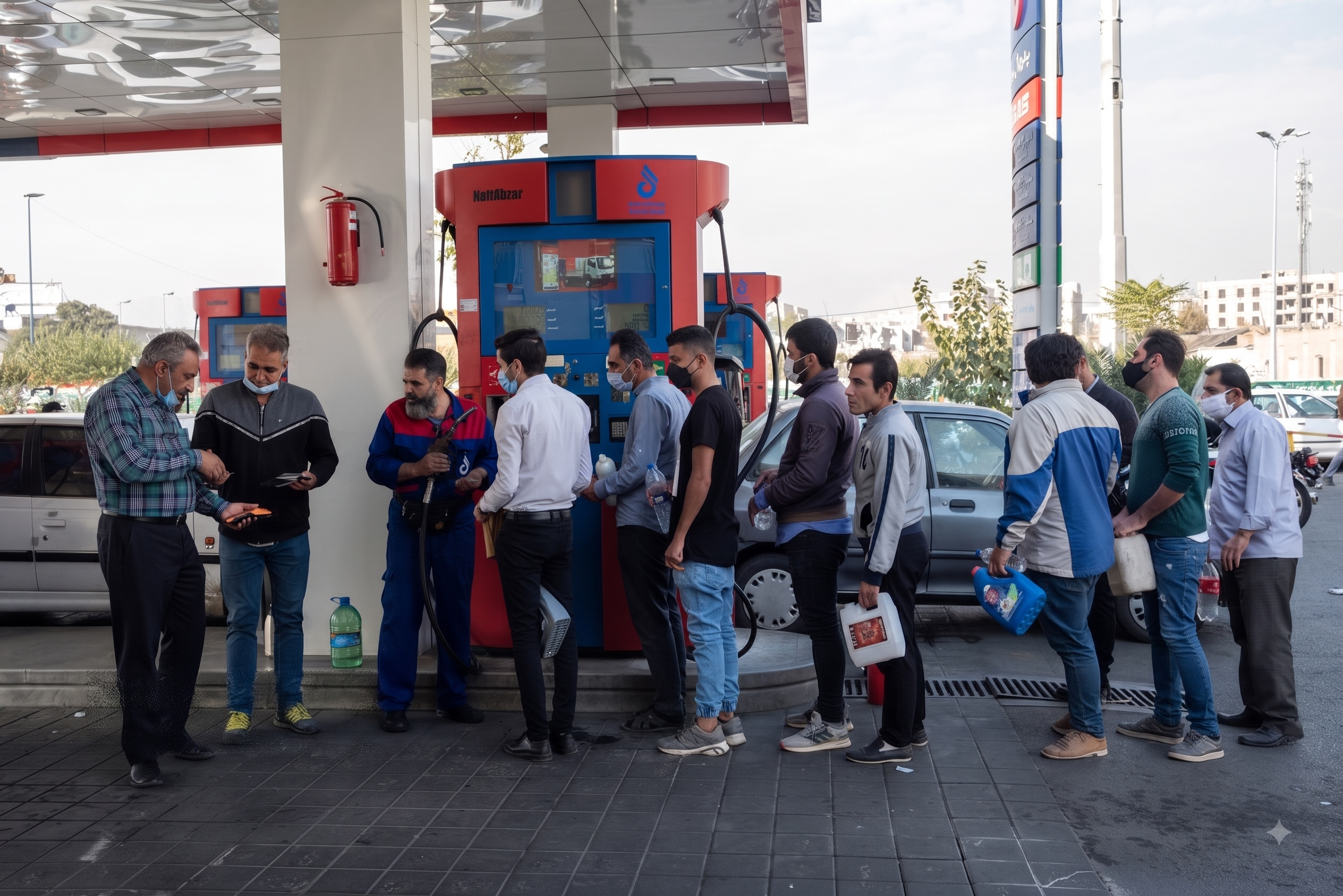 Motorists queue at a gas station in Iran.