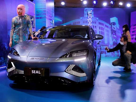 Chinese EV maker BYD's Seal is displayed at Tokyo Auto Salon 2023 at Makuhari Messe in Chiba, east of Tokyo, Japan, January 13, 2023.