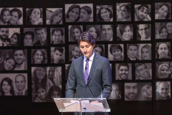 Canadian Prime Minister Justin Trudeau delivers remarks at a ceremony marking the third anniversary of the downing of Ukrainian International Airlines Flight 752 that killed 176 people.