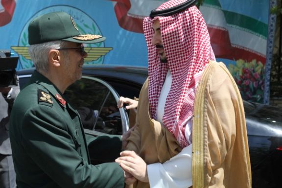 Chief of Iranian Armed Forces, Mohammad Bagheri, welcomes Saudi Defence Minister, Prince Khalid bin Salman, in Tehran, Iran, April 17, 2025.