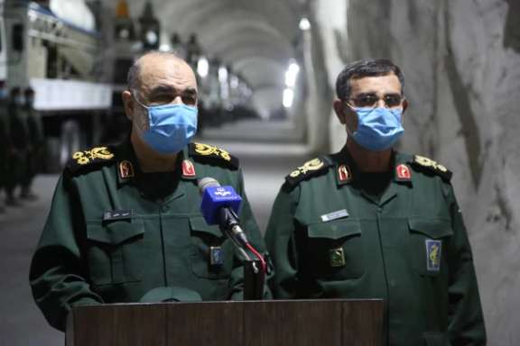 IRGC commander Hossein Salami (L) at an underground missile base in January 2021