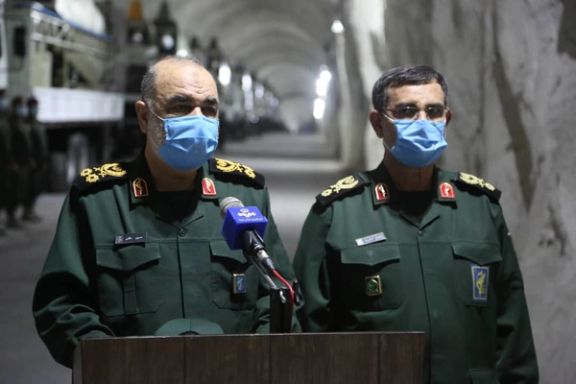 IRGC commander Hossein Salami (L) at an underground missile base in January 2021
