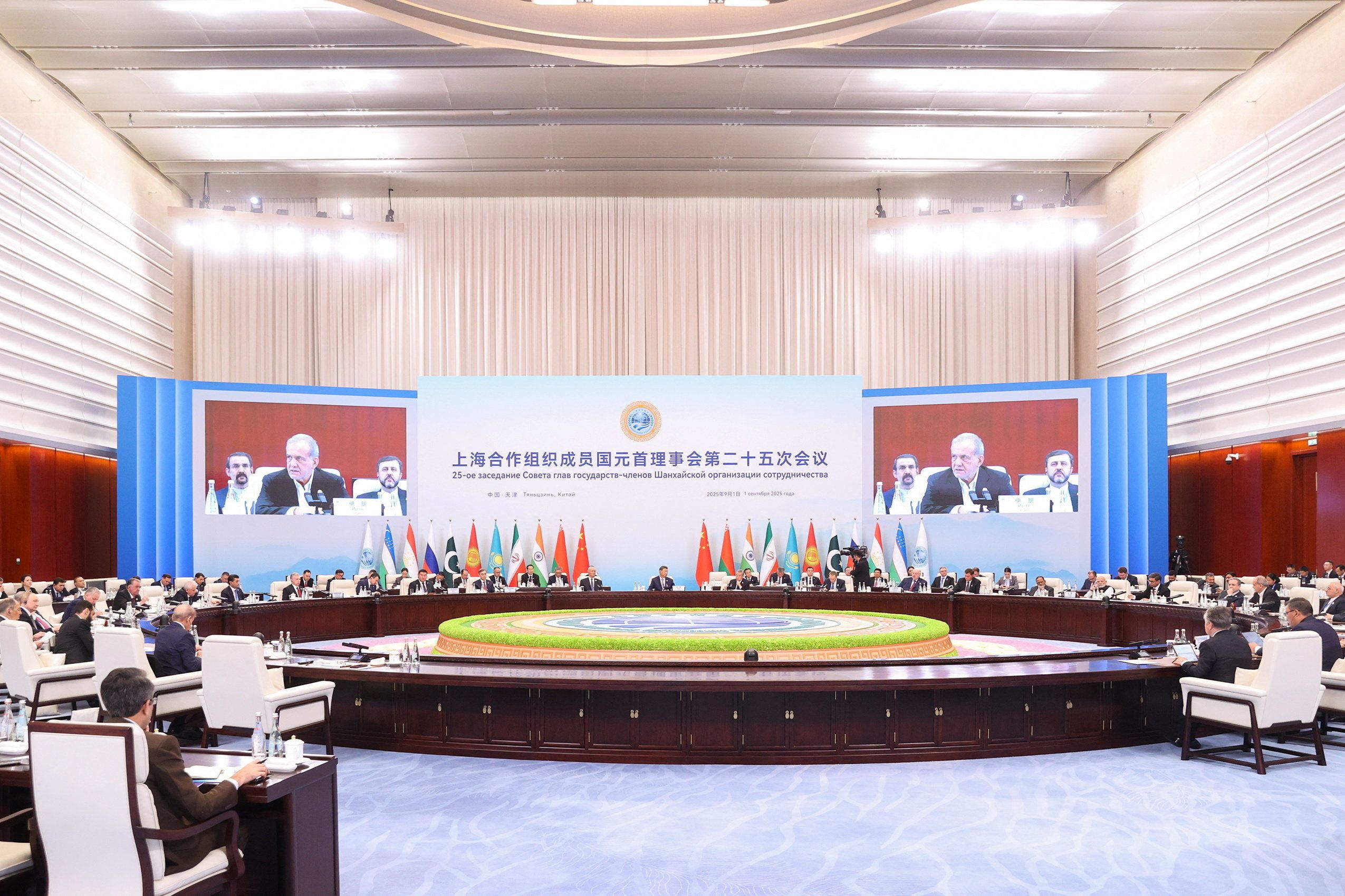 Iranian President Masoud Pezeshkian speaks during the Shanghai Cooperation Organisation (SCO) Summit 2025, in Tianjin, China, September 1, 2025. 