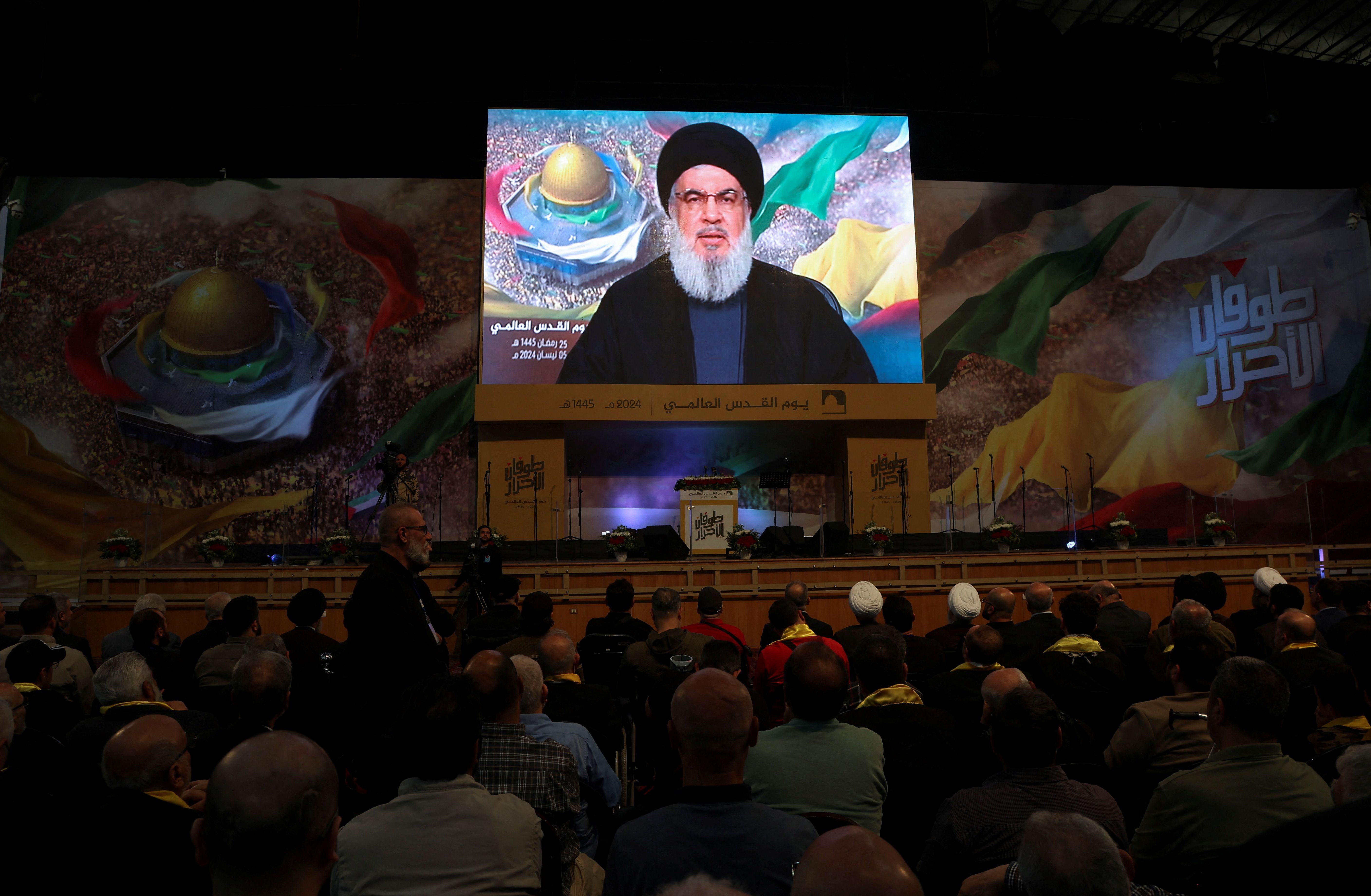 Lebanon's Hezbollah leader Sayyed Hassan Nasrallah gives a televised address during a rally marking al-Quds Day, (Jerusalem Day) in Beirut's southern suburbs, Lebanon April 5, 2024. 