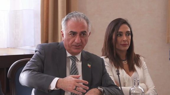 Exiled Prince Reza Pahlavi speaking during a meeting at Belgium’s parliament on February 28, 2023