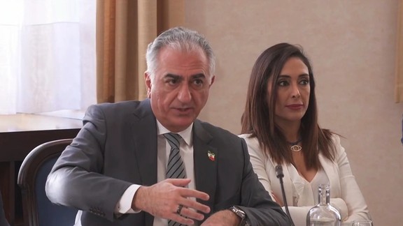 Exiled Prince Reza Pahlavi speaking during a meeting at Belgium’s parliament on February 28, 2023