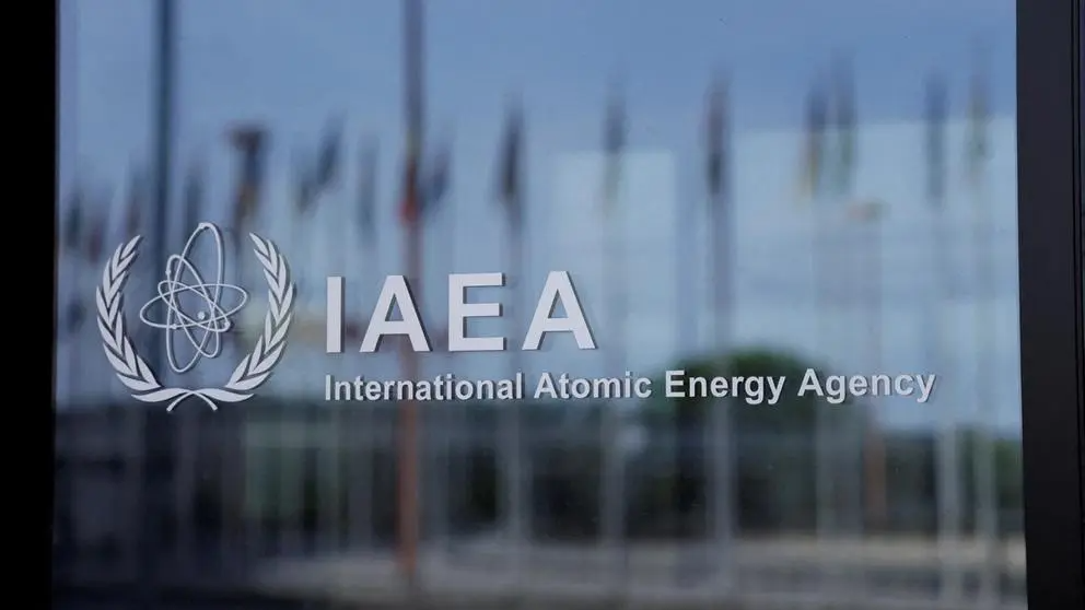 The logo of the International Atomic Energy Agency (IAEA) at their headquarters in Vienna, Austria, April 11, 2024