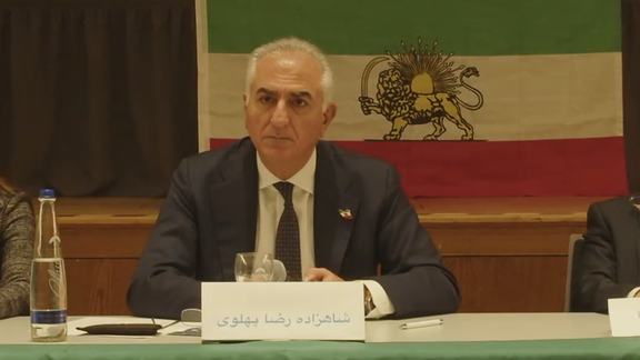Iran's exiled Crown Prince Reza Pahlavi speaking at a meeting in Munich on February 16, 2025.