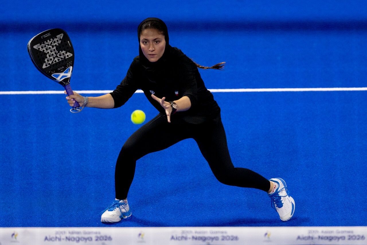 Iran’s Zahra Kahrizi competes in padel at the 2026 Asian Games in Aichi-Nagoya, Japan.