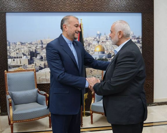 Iranian Foreign Minister Hossein Amir-Abdollahian (left) and Hamas Leader Ismail Haniyeh in Qatar (October 2023)