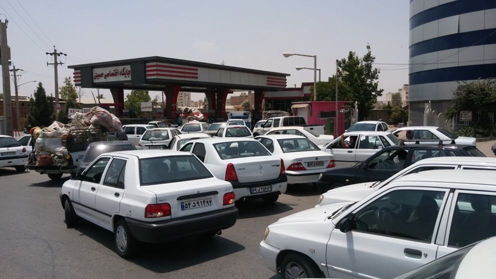 Lines formed outside gas station as rationed gasoline cards stopped working in Iran. October 26, 2021