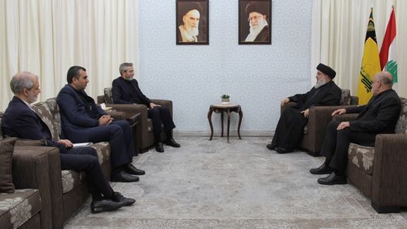 Lebanon's Hezbollah leader Sayyed Hassan Nasrallah meets with Iran's acting Foreign Minister Ali Bagheri Kani, in this handout picture released by Hezbollah Media Office on June 4, 2024, Lebanon.