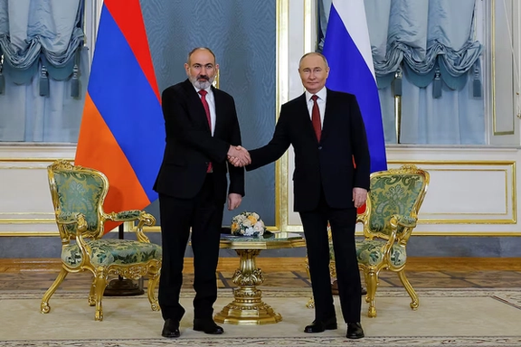 Russian President Vladimir Putin and Armenian Prime Minister Nikol Pashinyan shake hands during a meeting on the sidelines of the summit of the Eurasian Economic Union (EAEU) in Moscow, Russia, May 8, 2024.