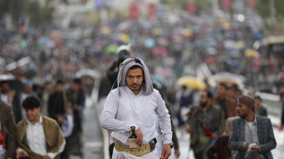 Houthi supporters during a rally held in solidarity with Palestinians in the Gaza Strip, in Sanaa, Yemen, April 19, 2024