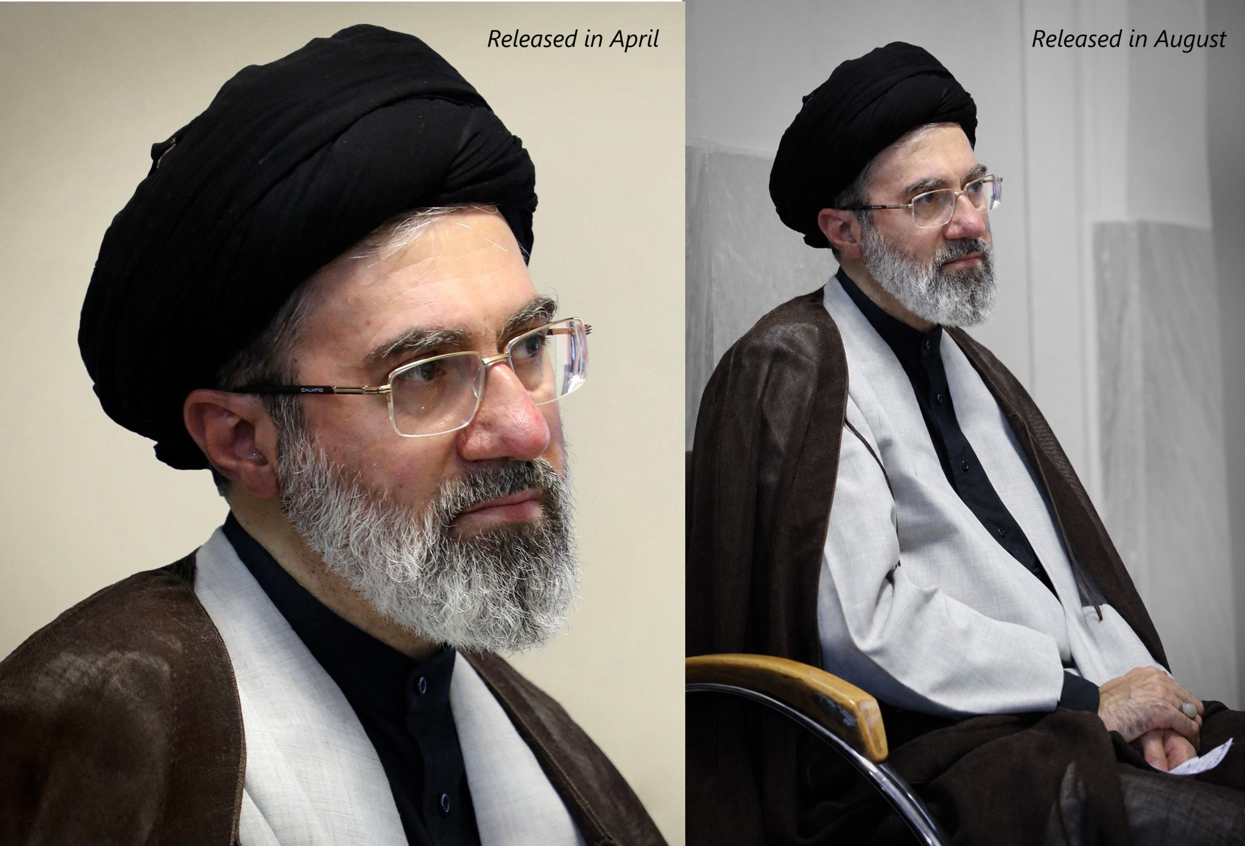 A photo of Mojtaba Khamenei released by his office in April (left) compared with the one it published on August 10 (right)