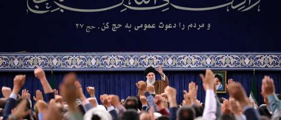 Iranian Supreme Leader Ali Khamenei during a meeting with Hajj officials and prospective hajj pilgrims in Tehran, May 6, 2024