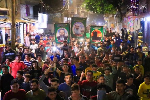 Palestinian Hamas supporters cheering the terrorist attack in Israel. April 7, 2022